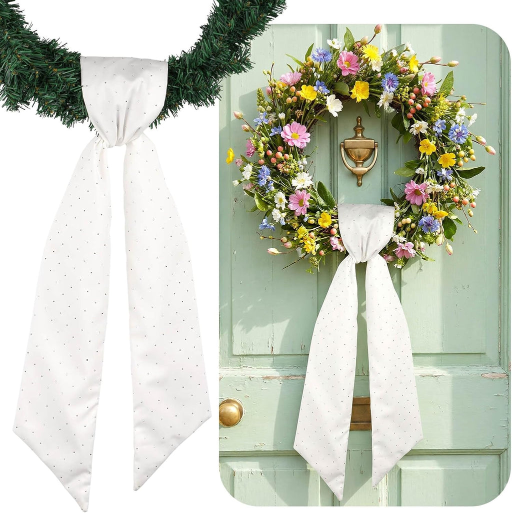YKW White Rhinestone Wreath Sash - 54x5 Inch Sparkle Ribbon for Christmas & Wedding Decor