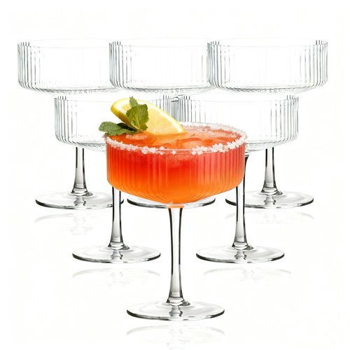 Plastic/Acrylic Set of 6 10 oz Ribbed Coupe Cups Unique Martini & Cocktail Cups Set for Wine,Champagne, Parties & Home