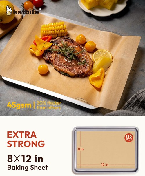 Katbite Heavy-Duty Unbleached Parchment Paper Sheets - 120 Pcs, 8x12 Inches for Baking & Grilling