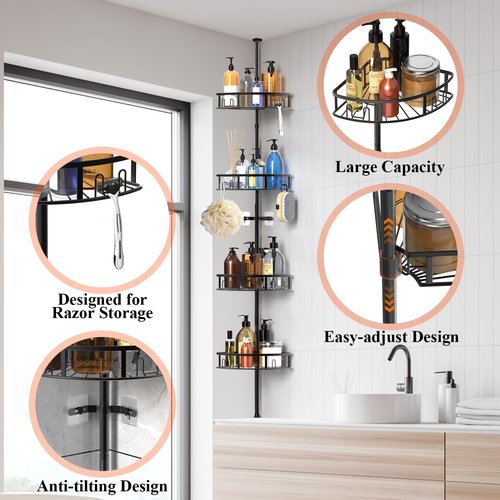 4-Tier Rustproof Corner Shower Caddy by [Brand Name] - Adjustable Height 42-115 Inch Bathroom Organizer | Black Shelves with Hooks