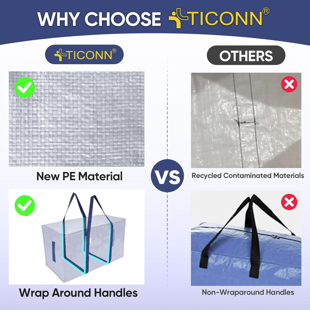 TICONN Extra Large Moving Bags - Heavy Duty Storage with Zippers & Handles | 6 Pack, Navy