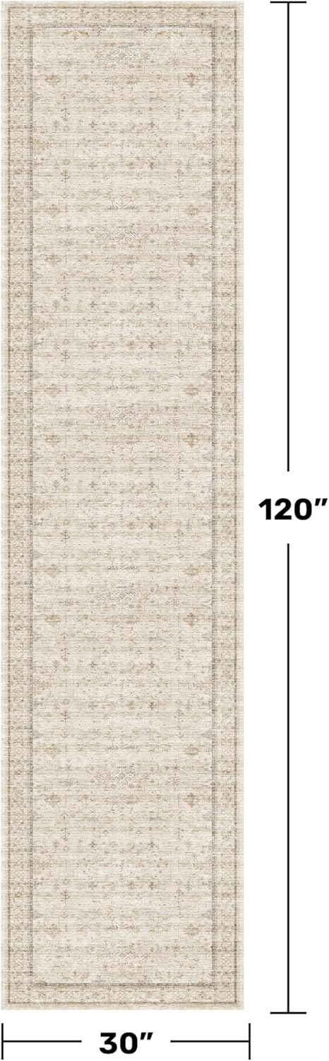 Skiennix Extra Long Runner Rug - Non-Slip, Machine Washable, Soft Low Pile - 2'6"x10', Light Beige Geometric Floral Design