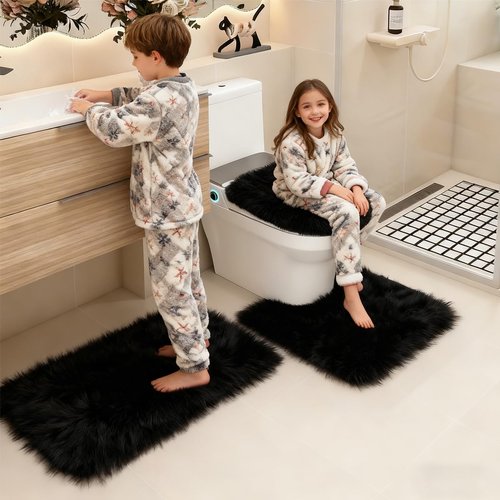 RUN HELIX Black Bathroom Rugs Sets 3 Piece Shaggy Bath Mat Non-Slip Mats Water Absorbent Bath Rug Floor Mats Soft Washable Shower Rug with U-Shaped Contour Rug Toilet Lid Cover Home Decor Accessories