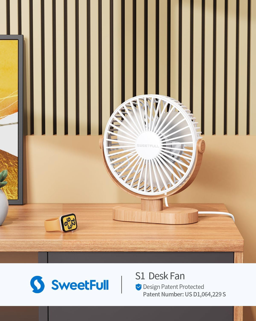 Sweetfull USB Desk Fan - 6.5 Inch Portable Mini Fan with 3 Speeds & 360° Adjustment | Quiet Operation, White Wood Grain