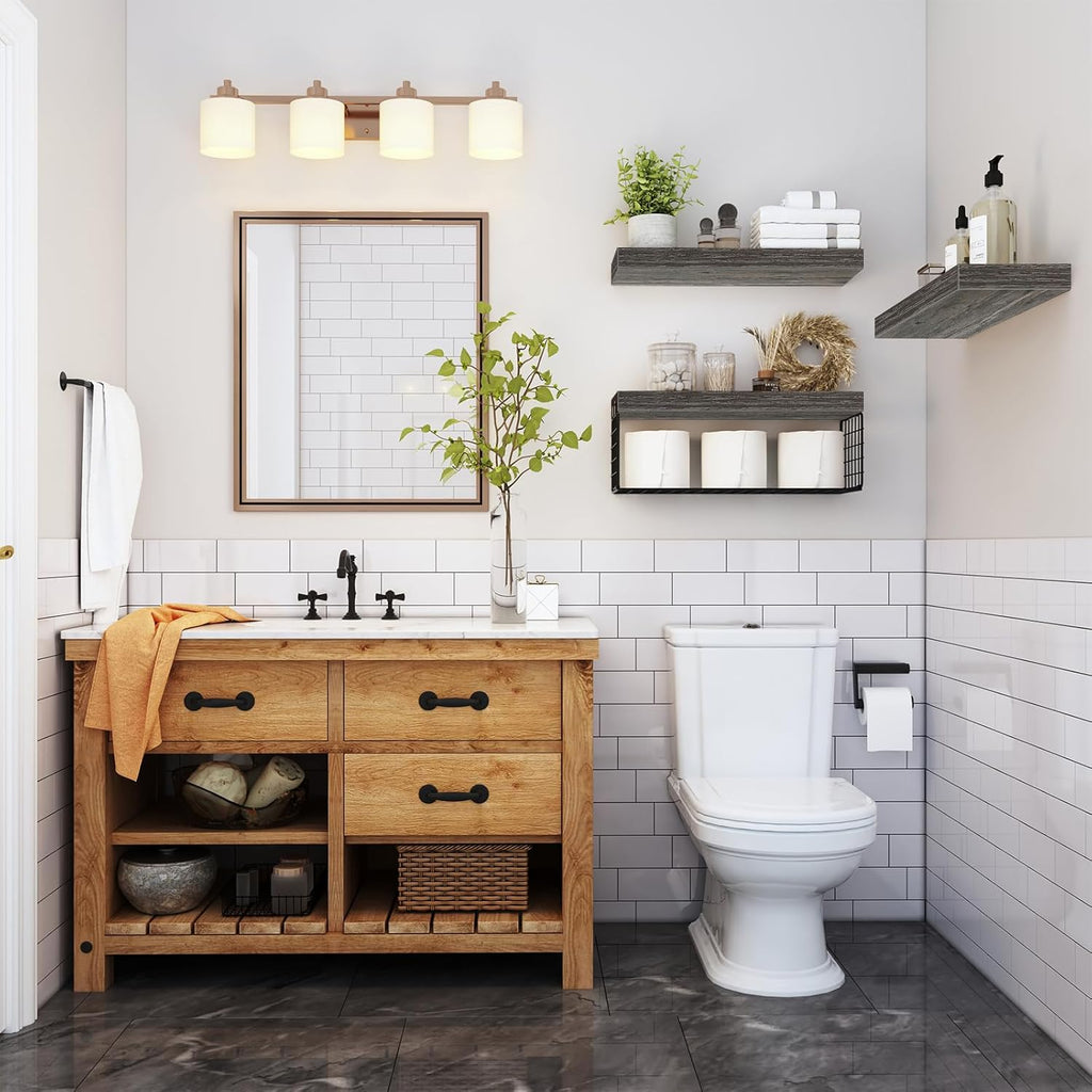 QEEIG Bathroom Shelves | Over Toilet Wall-Mounted Floating Storage - Set of 3 Grey 16-Inch Farmhouse Decor