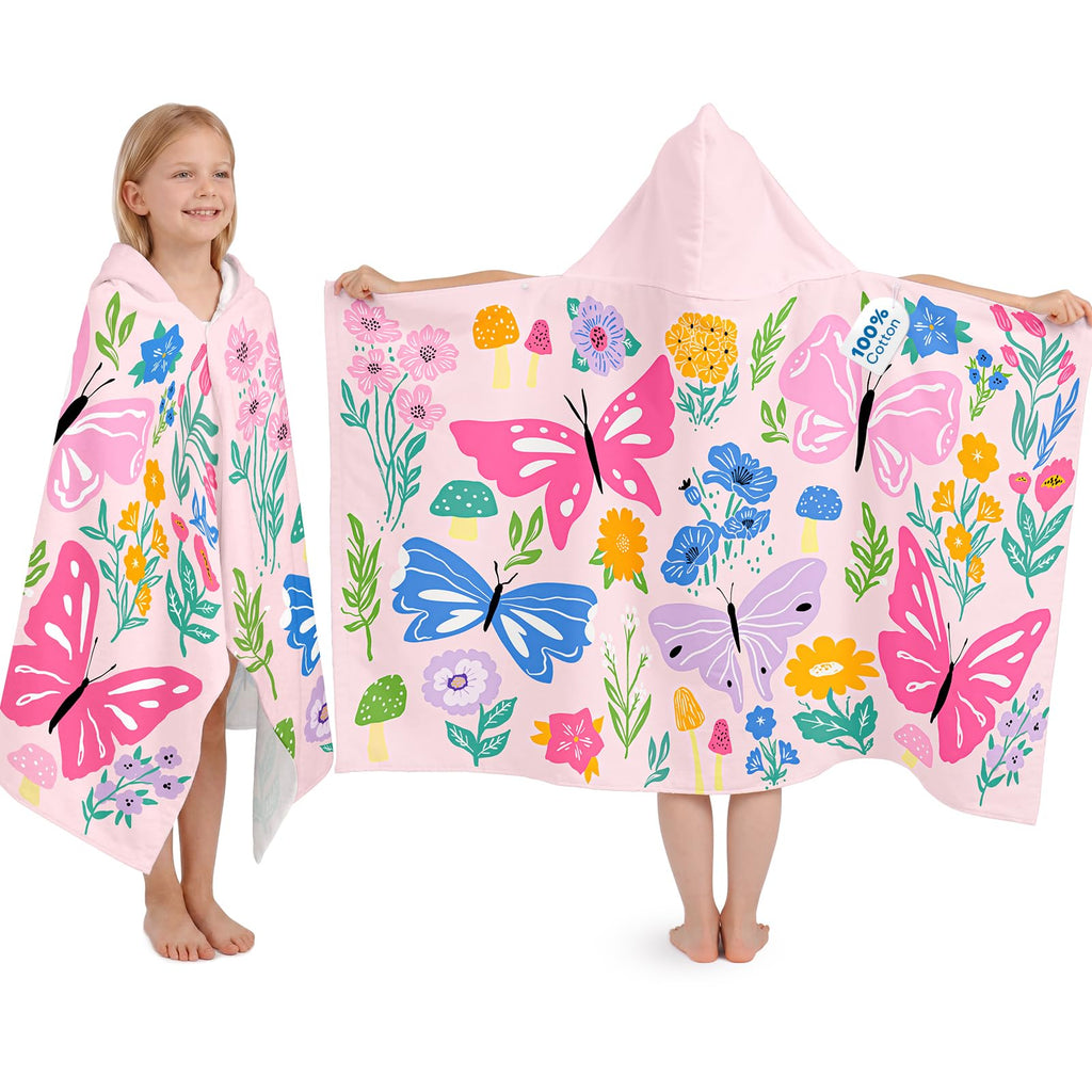 Kids Hooded Beach Towel, 100% Cotton Super Soft and Absorbent Bath Towel, 50" x 30" Large Size with 2 Snap Buttons for Ages 3-10, Cozy Cover Up for Pool, Beach, and Bath Time (Mermaid Unicorn)