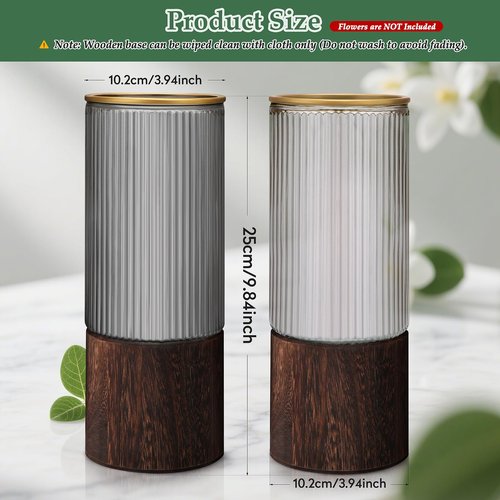 Ribbed Glass Vase Set of 2 Vases for Flowers,10" H Wood Glass Vase with Solid Wooden Base,Rustic Flower Vase for Home Decor,Living Room,Bedroom,Kitchen,Dining Table,Fireplace,Office(Gray & Clear)