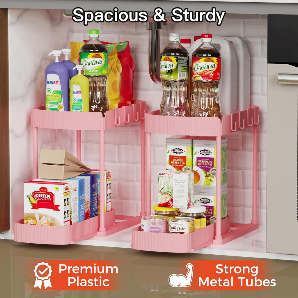 Ukeetap Multi-Purpose Pull-Out Storage Organizers - Under Sink & Cabinet, 12.8 Inch Pink (2 Pack)