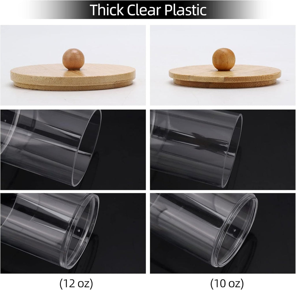 Tbestmax Cotton Swab Holder Dispenser - 4 Pack Clear Plastic Apothecary Jars with Bamboo Lids (12oz, 10oz)