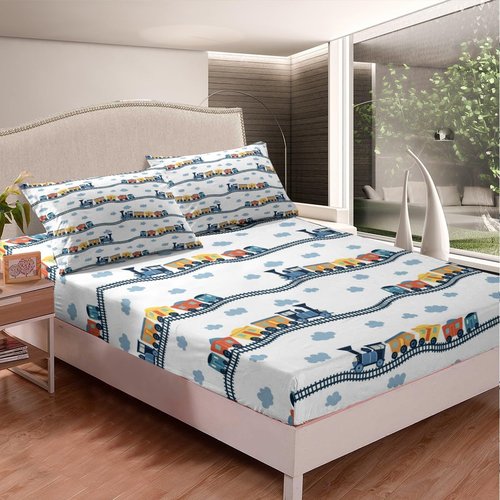 Erosebridal Cute Steam Engine Queen Sheets for Kids Toddlers Kawaii Train Sheet & Pillowcase Sets Construction Vehicles Bed Sheets Cartoon Railway Sheet Set Boys Car Theme Sheets 4pcs