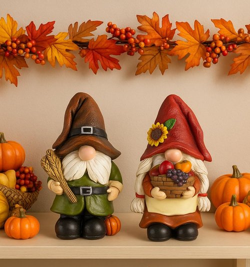 iStatue Thanksgiving Decorations Fall Gnome Figurines – 2 Pack Resin Harvest Figurines with Pumpkins, Wheat & Basket, Autumn Home Décor Accents for Table, Mantel, Shelf (Brown)