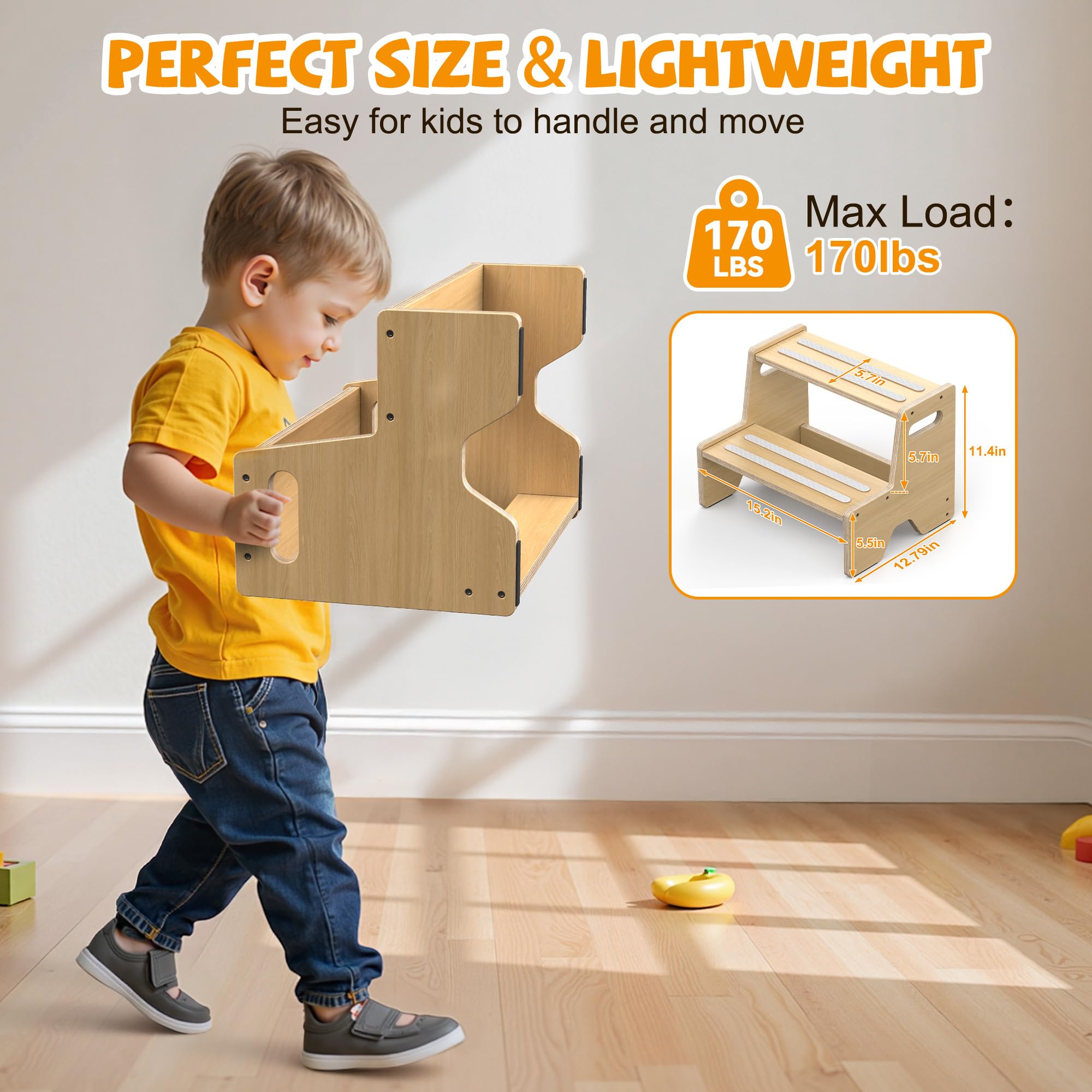 Uiirvdy Step Stool for Toddler, Sturdy Wooden 2-Step Stool with Anti-Slip Surface and Pads for Barthroom, Kitchen, Bedroom, Toilet, and Potty Training - 2 Pack