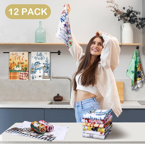 FuWeave 12 Pcs Seasonal Kitchen Towels Set for All Holidays Spring Easter Irish Hand Dish Tea Towels Bulk Absorbent Dishcloths Housewarming Gift for Cooking Kitchen Bathroom(Fresh Style)