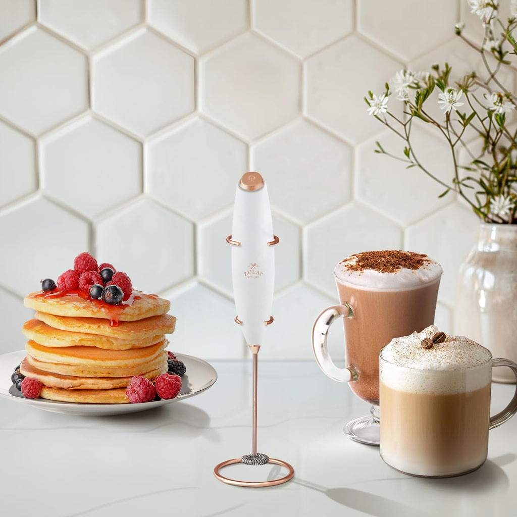 Zulay Kitchen Milk Frother Wand - Ultra Fast Handheld Electric Whisk for Coffee & Lattes - White & Rose Gold