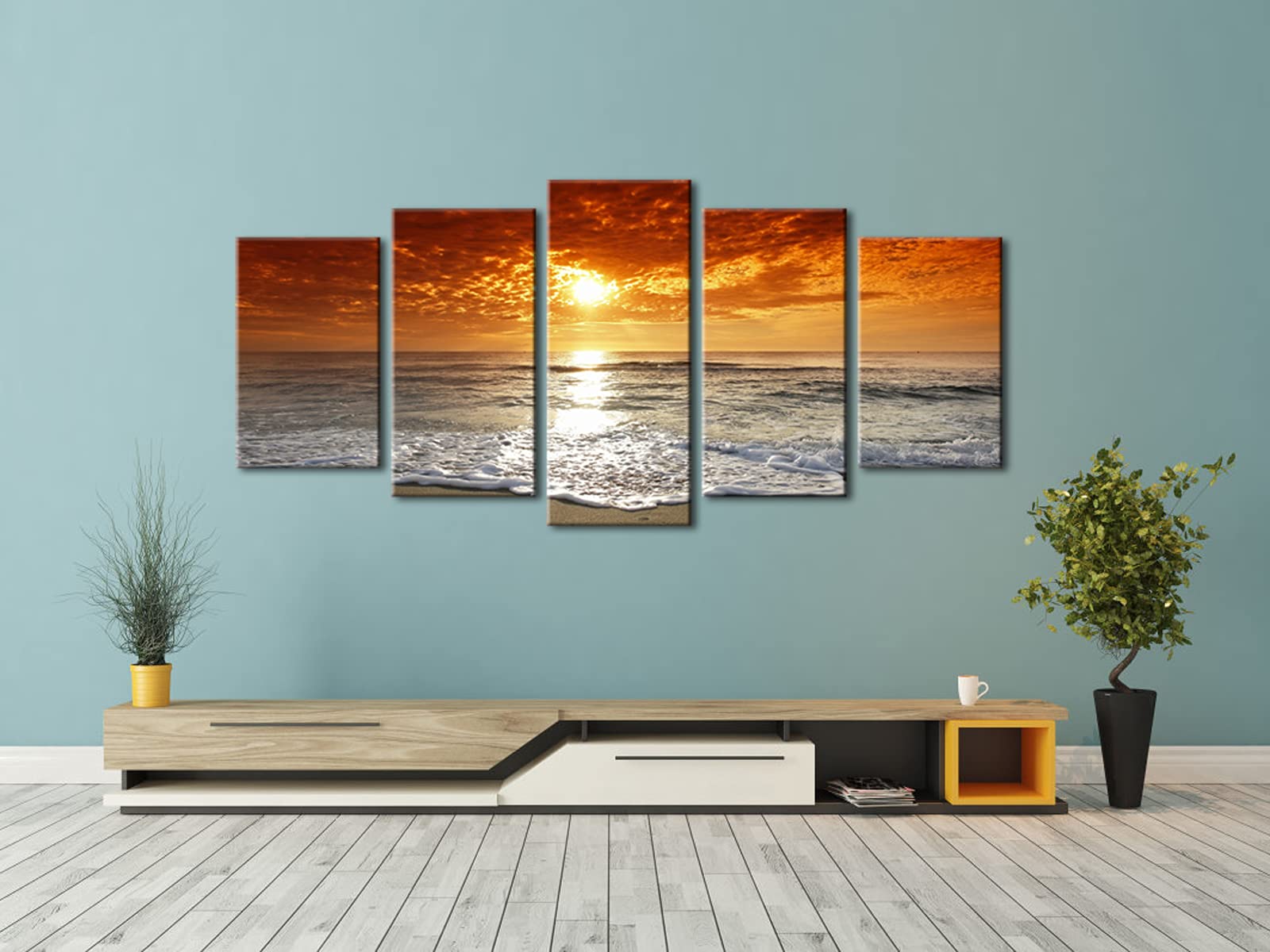 Wieco Art Grand Sight Sunset Ocean Canvas Prints Wall Art Sea Beach Pictures to Photo Paintings Landscape Decor for Living Room Bedroom Home Decorations 5 Panels Modern HD Seascape Giclee Artwork