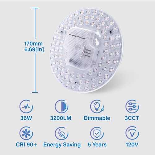 Lustaled 2Pack 36W LED Light Engine Retrofit Kit,6.69inch 3200LM 3CCT 3000K/4000K/5000K Dimmable Ceiling Fan Light Kits,AC 120-130V Ceiling Fan Light Replacement for Ceiling Flush Light