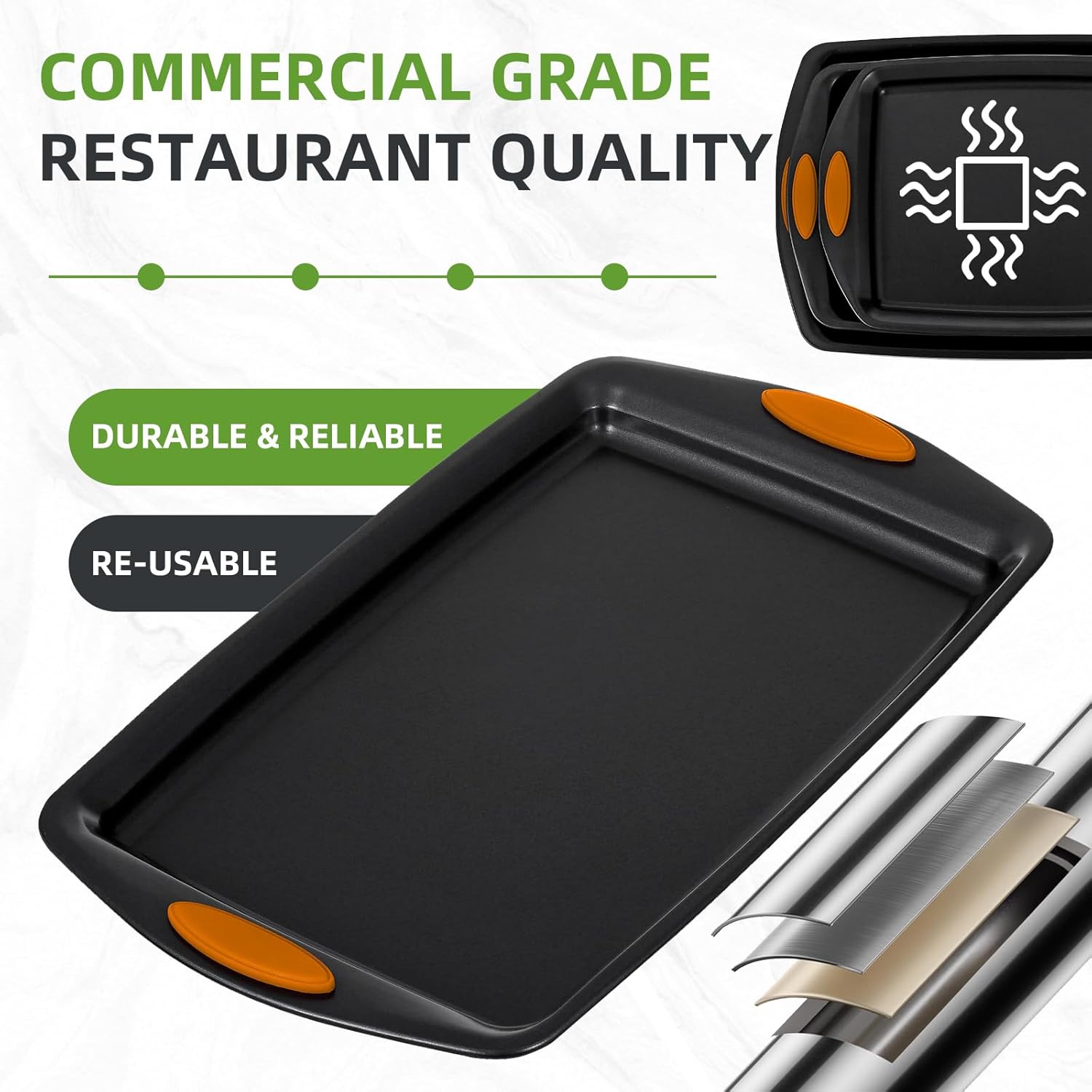 Skiennix 5-Piece Nonstick Baking Pans Set - Premium Carbon Steel Bakeware with Red Silicone Handles | Black & Orange