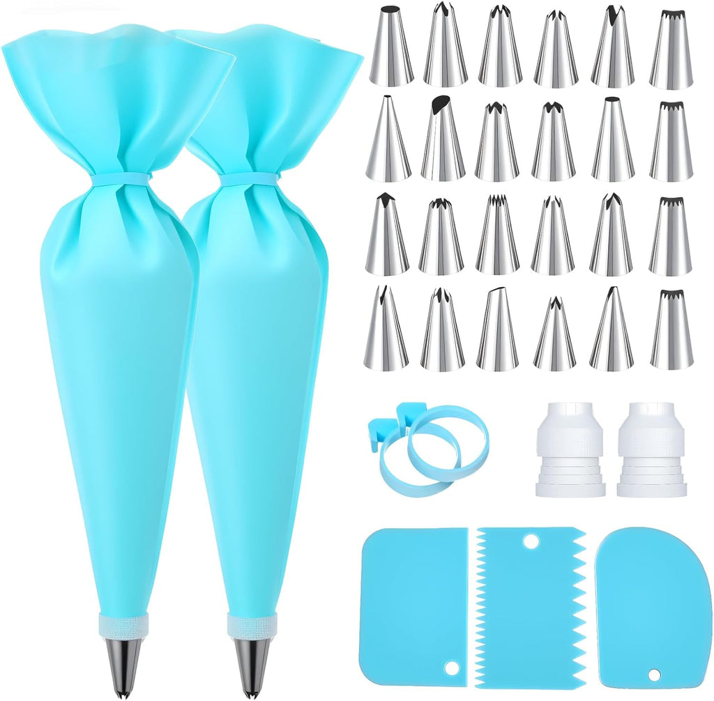Skiennix Piping Bags and Tips - Reusable Cake Decorating Set with 24 Icing Tips & Accessories
