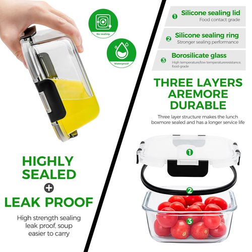 Hoenjuno 27 oz Glass Food Storage Containers with lids, 4 Pack Square Sandwich Containers/Box for Meal Prep, 3.3 Cup Glass Meal Prep Containers, Microwave, Oven, Freezer and Dishwasher, BPA-free
