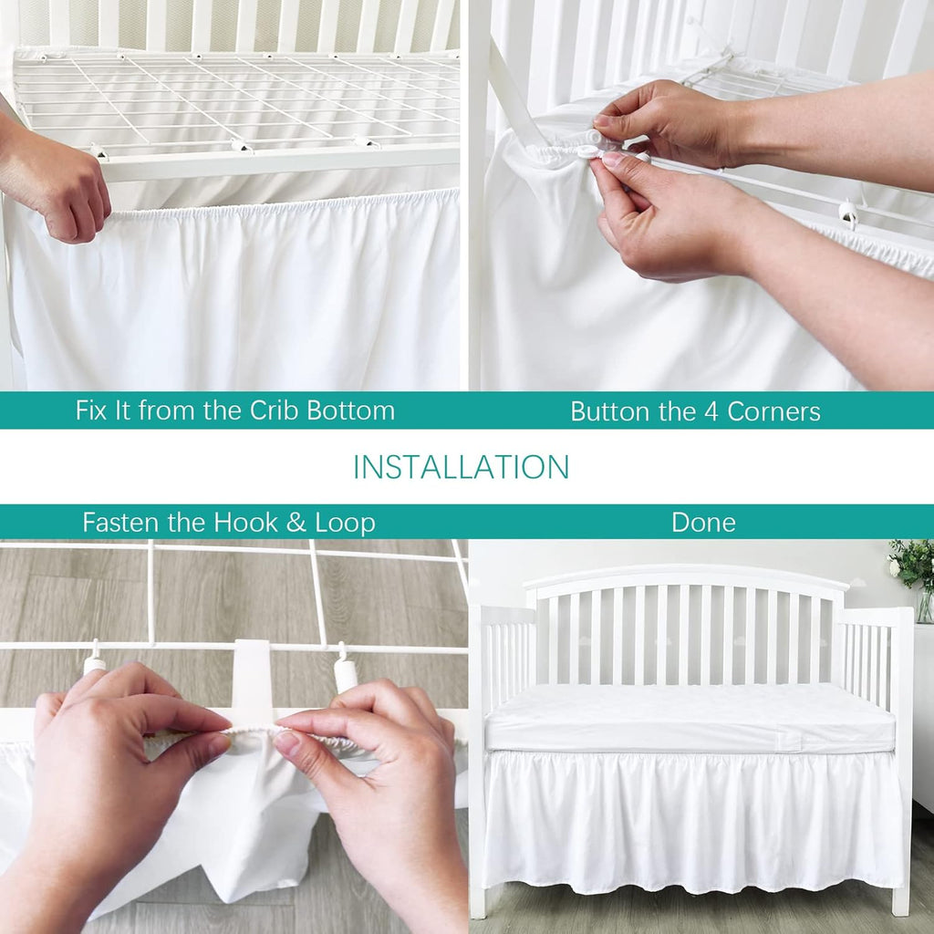 Crib Bed Skirt - Skiennix 28” x 52” Pleated Dust Ruffle | Adjustable Fit for Toddler Beds, Soft White