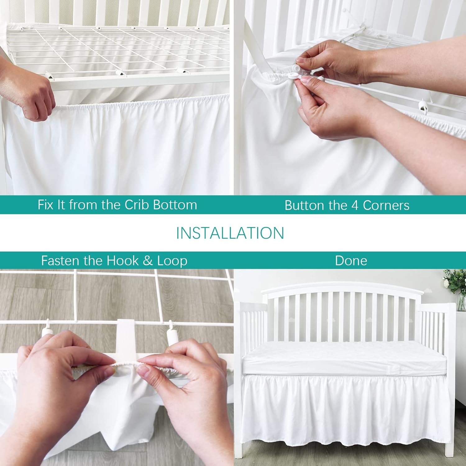 Crib Bed Skirt - Skiennix 28” x 52” Pleated Dust Ruffle | Adjustable Fit for Toddler Beds, Soft White