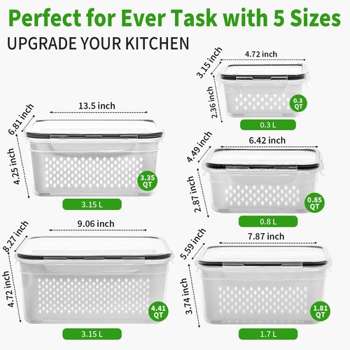 PRAKI 5-Pack Large Fruit Storage Containers for Fridge with Removable Colander, 2 in 1 Produce Storage Containers, BPA-Free Fridge Organizers and Storage Keep Fruits, Vegetables, Berry Fresh Longer