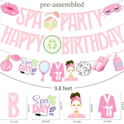 Spa Birthday Banners 3PCS Spa Birthday Party Decorations Pre-strung Makeup Party Banners Sleepover Theme Decor for Girls Slumber Pajama Party Supplies