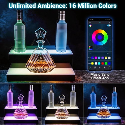 GOH&FTY Smart RGBIC Bottom Glow LED Liquor Bottle Display Shelf - 16-Inch 2-Tier Bar Shelf with App & Remote Control, 366 Modes Music Sync for Home Bar Man Cave Decor, Gifts for Men
