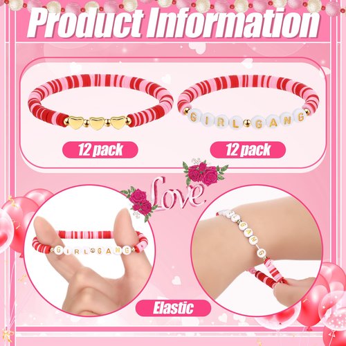 Kigeli 24 Pcs Galentines Day Bracelets Gift Bulk Girl Gang Valentines Gifts Polymer Clay Beaded Galentines Gang Bracelets Valentine Party Favors for Women Sleepover Goodie Bag Stuffers(Pink, Red)