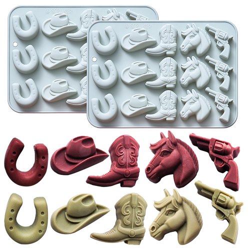 Japleed 2 Pack Cowboy Chocolate Molds, Western Themed Silicone Fondant Jelly Cupcake Cake Decoration Molds, Unique Cowboy Hat Boot Horse Shape Candle Soap Wax Epoxy Resin Mold for Crafts Baking Tool