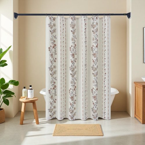 ORTIGIA Boho Floral Shower Curtains for Bathroom Linen Vintage Shower Curtain Set with Metal Hooks Waterproof Block Print Rustic Fabric Bath Curtain for Home, Weighted, 72x72