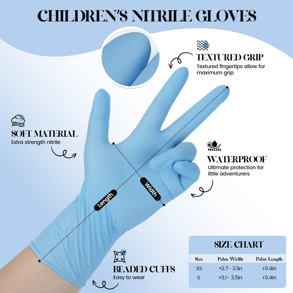 Xandoval Kids Disposable Gloves for 3-8 Years, 5Mil Blue Nitrile Gloves with Latex-Free and Powder-Free, Durable and Protective for Work, Cleaning, Cooking, Gardening (XS,100PCS)