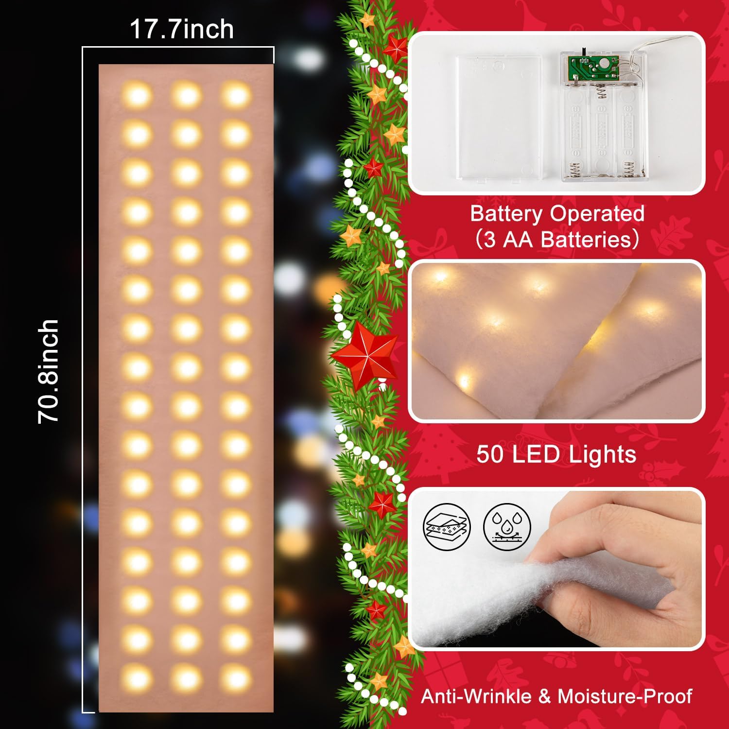 Skiennix Christmas LED Snow Blanket - 71 X 18 Inches with Lights for Festive Displays | Fake Snow Decor