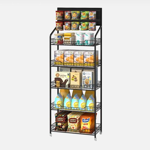 lesolar Retail Snack Display Stand, 5 Tier Snack Candy Potato Chip Display Rack Stand with Wheels & Hooks, Metal Wire Storage Shelves Heavy Duty, Snack Organizer Concession Stand Display Supplies
