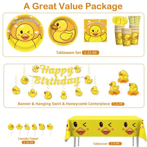 Xynic 195pcs Duck Birthday Decorations Tableware Complete Party Set, Serves 25 Guests, Duck Party Decorations, includes Duck-Theme Banner Plates Napkins Tablecloths etc, for Duck-Theme Birthday