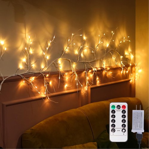 Rivokeer Lighted Birch Garland with Timer 120 LED, 9FT Birch Garland with Lights Remote Control, Pre-lit Twig Vine Lights Plug in for Christmas Fireplace Home Wall Decoration Indoor Outdoor