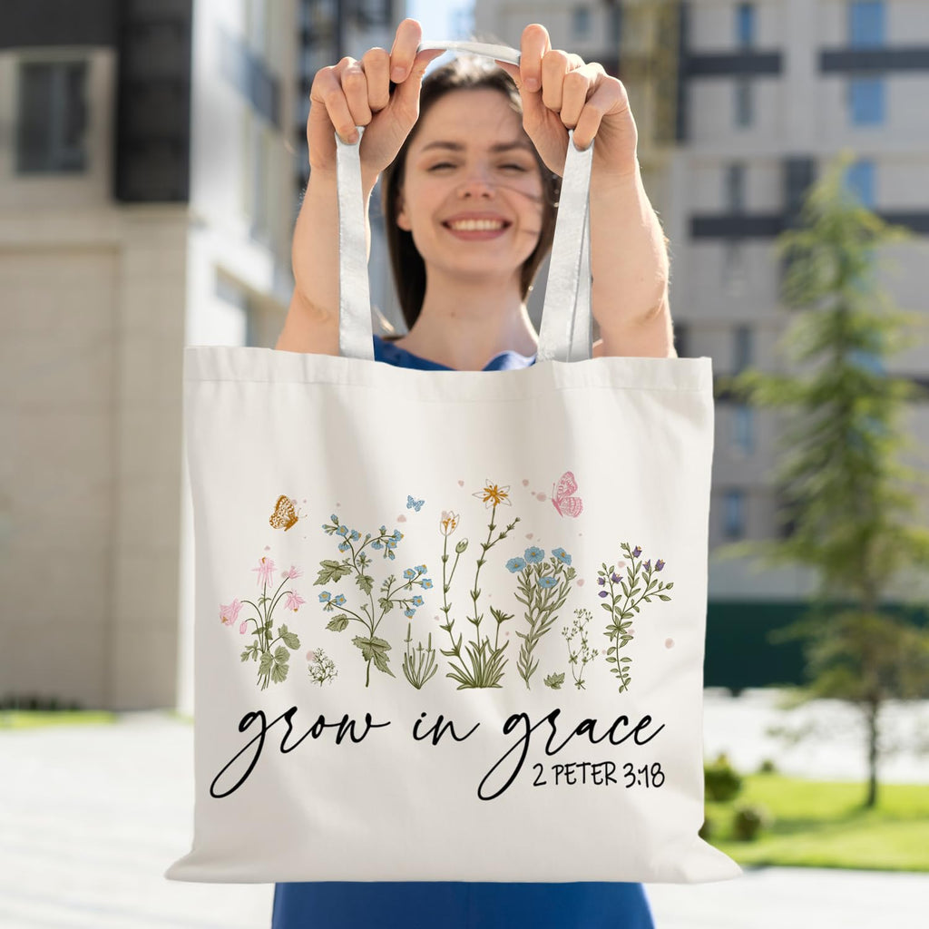 URLLUAE Boho Floral Christian Tote Bags for Women, Grow in Grace Bible Verses Canvas Tote Bag, Christian Gifts for Women, Faith Based Gifts, Reusable Shopping Grocery Bags