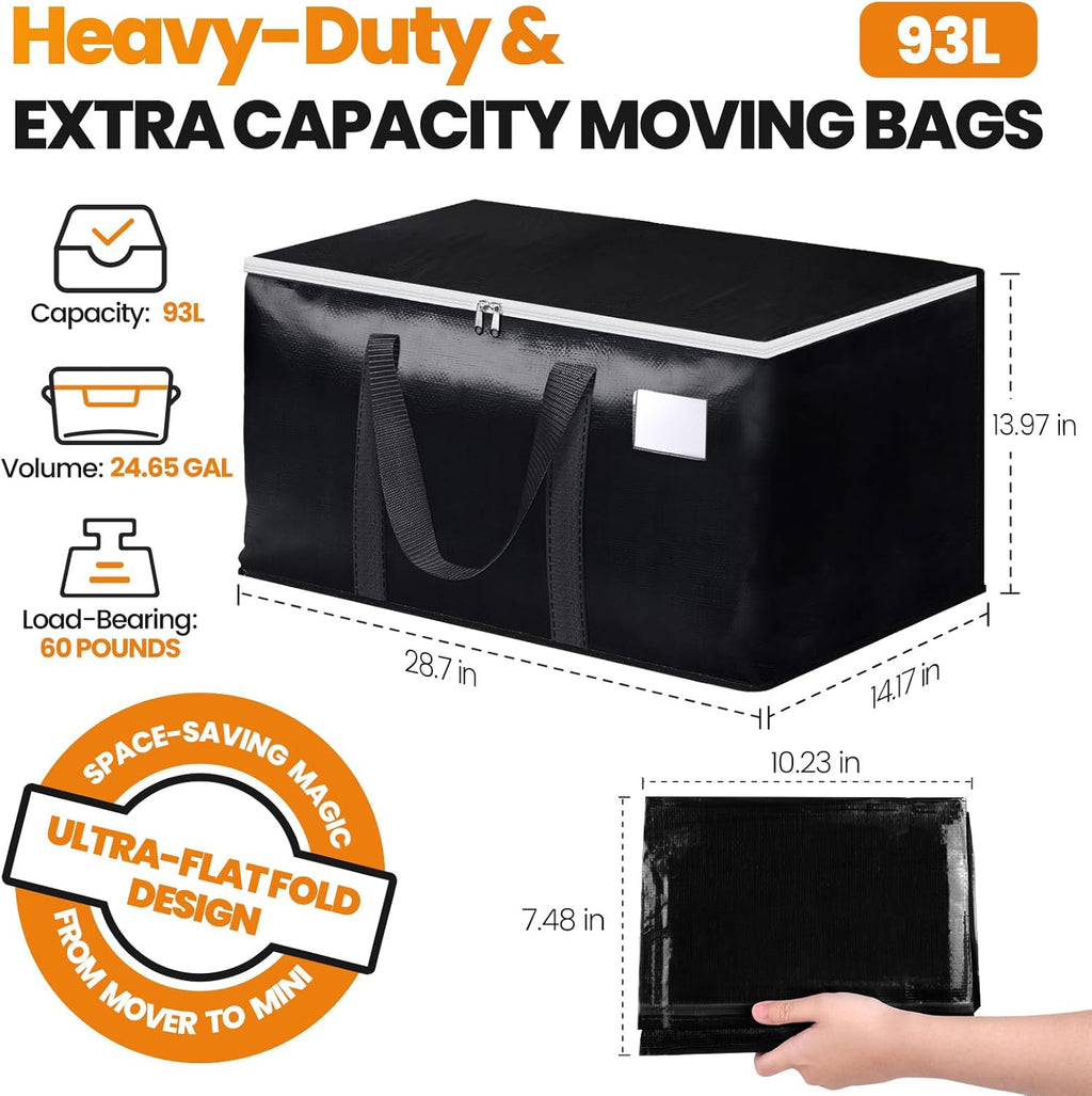 Skiennix Heavy-Duty Moving Bags - Extra Capacity Storage Totes with Backpack Straps | 6 Pack, Black