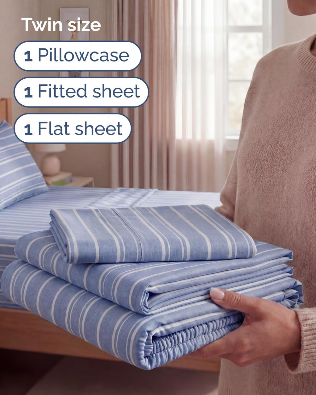 Skiennix Twin Size Sheet Set - Comfy Cooling Bed Sheets with Deep Pockets - Luxury Blue Stripes