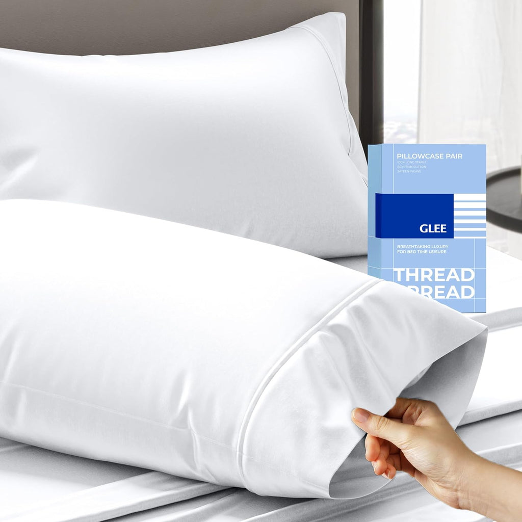 Thread Spread 100% Cotton Pillow Cases - Luxury 400 Series Glee Collection, Soft & Cooling, Queen Size Set of 2 (White)