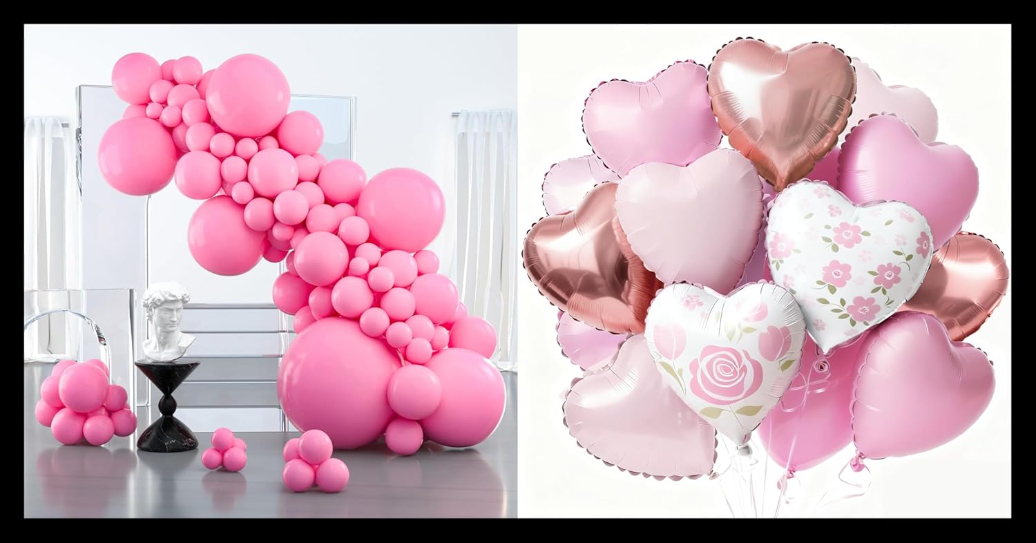 PartyWoo Pink Balloons - 127 Pcs in Various Sizes & 15 Pcs Heart Foil for Valentine's Day Decor
