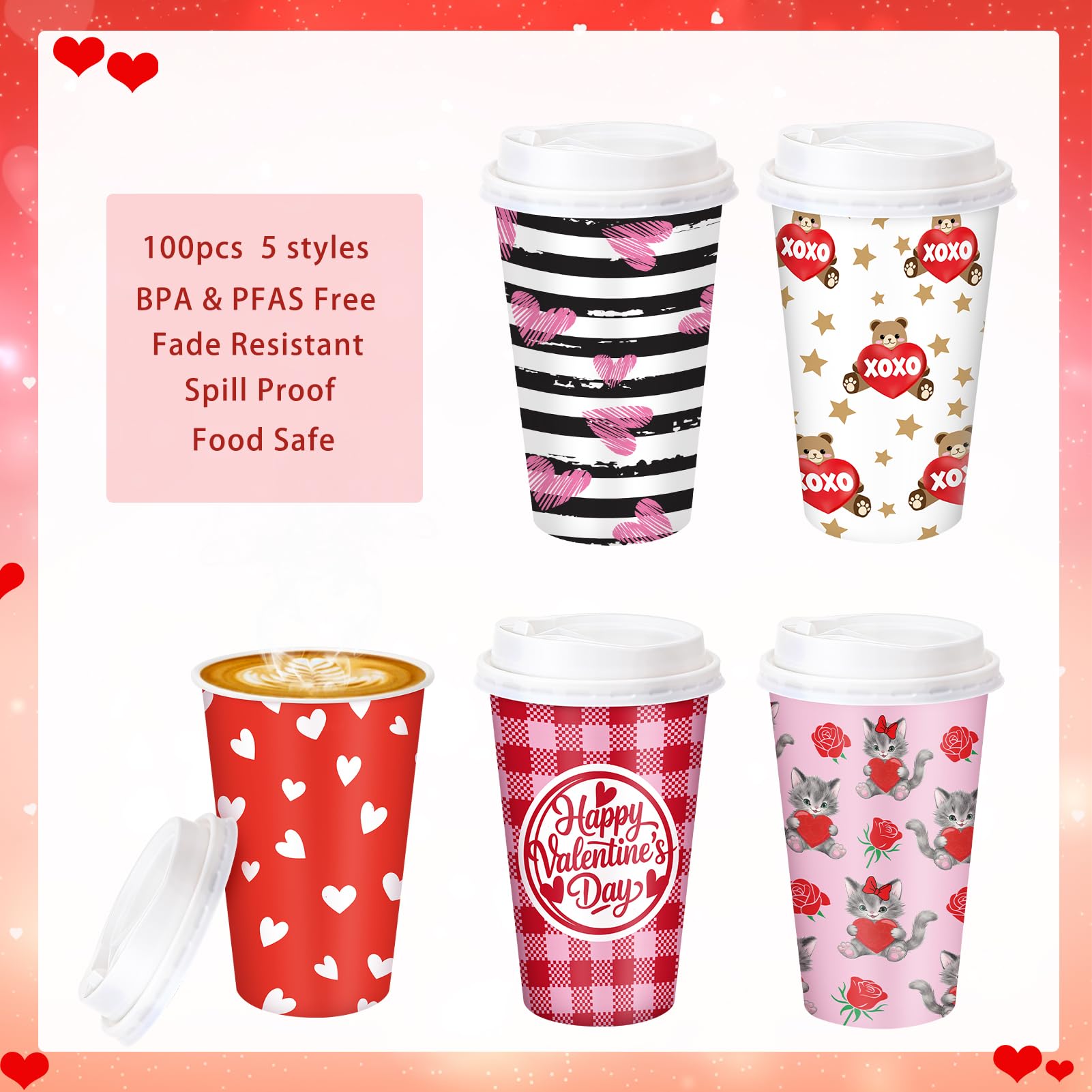 Ovveroche 100 Pack Valentine's Day Disposable Cups 16 oz Pink Red Hearts Bear Stripe Coffee Cups Wedding Anniversary Party Supplies for Hot Chocolate Cocoa Tea Coffee Bar Accessories