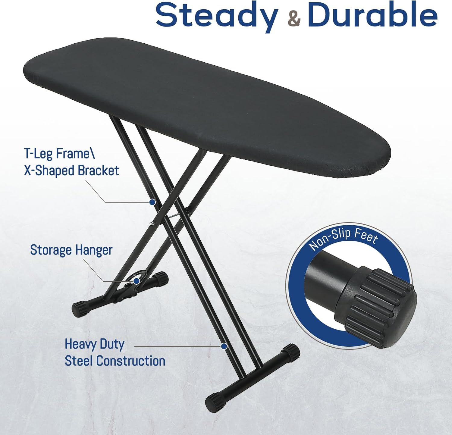 RAINHOL Ironing Board - Compact Full-Size 43x13 with Heat-Resistant Silicone Pad | Easy Storage & Adjustable Height - Black