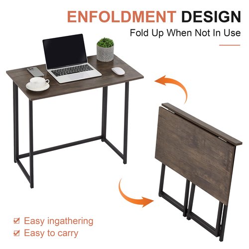 VECELO Folding Desk 31.5 Inch Writing Desk Home Office Sturdy Steel Laptop Table for Home Office Work Classic Brown