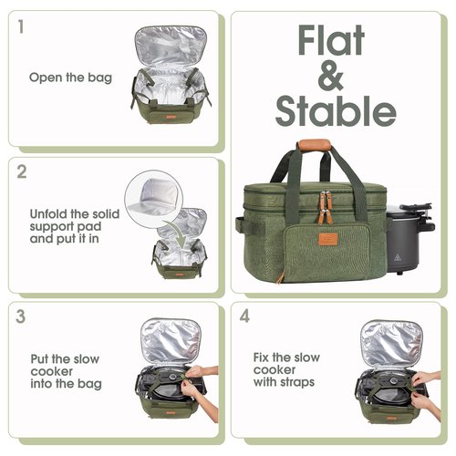 FUN ELEMENTS Double Layer Slow Cooker Carrying Bag for 6-8 Quart Oval CrockPot, Insulated Travel Carrier with Support Pad and Adjustable Straps, Top Zip Compartment and Front Pocket for Utensils,Green