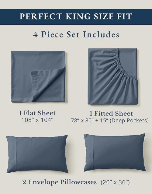 **LANE LINEN 100% Organic Cotton King Size Sheets - Soft Percale, Breathable Luxury, 15" Deep Pocket - Estate Blue**