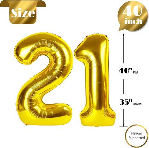 Gold Number 21 Balloon - 40 Inch Golden Birthday Decoration for 21st Celebration | Party Supplies