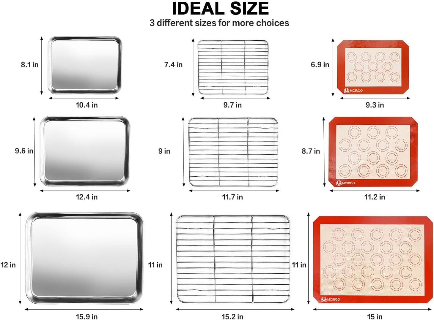 Skiennix Stainless Steel Baking Sheet Set - 3 Trays, 3 Racks & 3 Silicone Mats - Easy Clean, 10/12/16 Inch