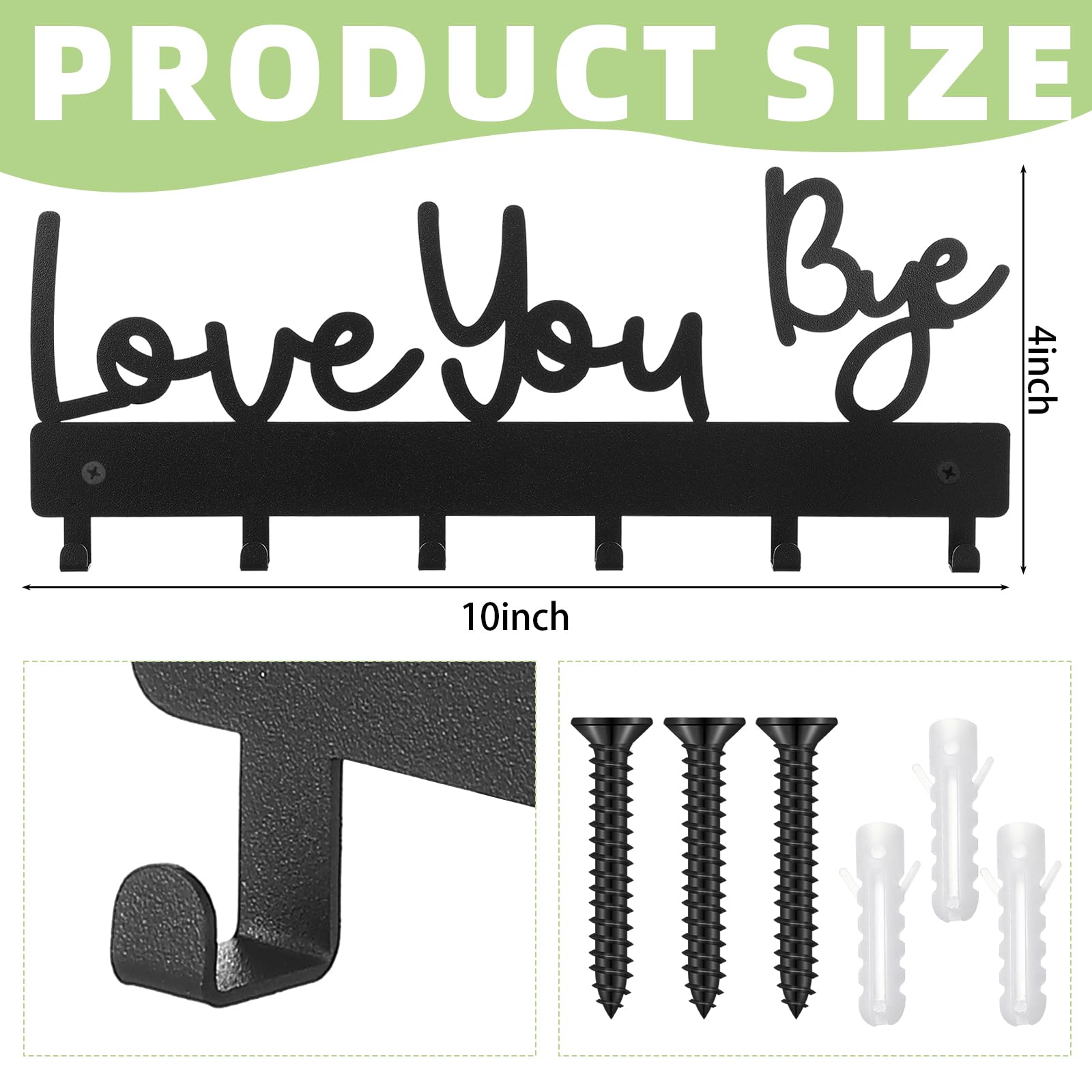 Otoolling Key Holder Wall Mount Love You Bye Key Holder Hook Rack Organizer Hanger with 6 Hooks for Wall Express Love Art Sign Decor for Entryway Front Door(Hook Style,10 x 4)