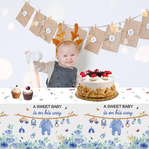 3 Pcs Baby Shower Decorations Boy A Sweet Boy is On His Way Party Supplies Blue Table Cover,Gender Reveal Table Cloths Decorations,55in x 86in